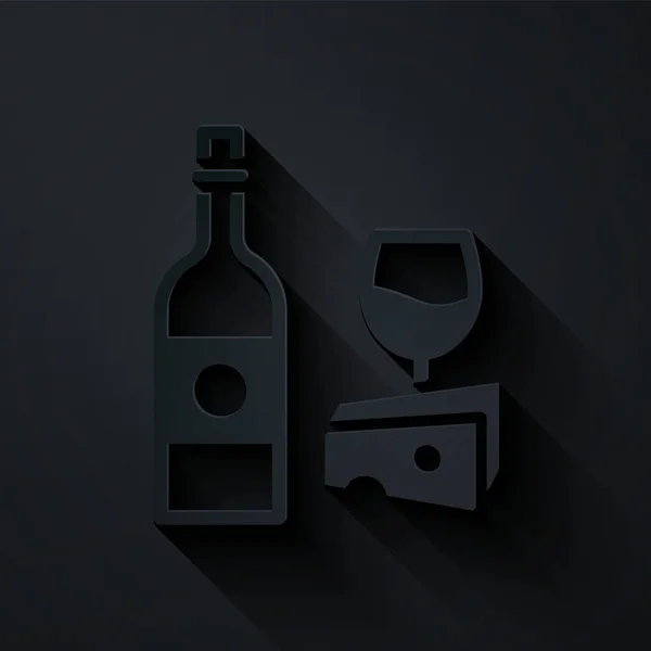 Papiergeschnittene Weinflasche Mit Glas Und Käsesymbol Isoliert Auf Schwarzem Hintergrund — Stockvektor