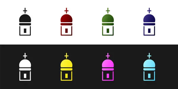 设置基督教教堂塔图标隔离在黑白背景 教会的宗教 — 图库矢量图片