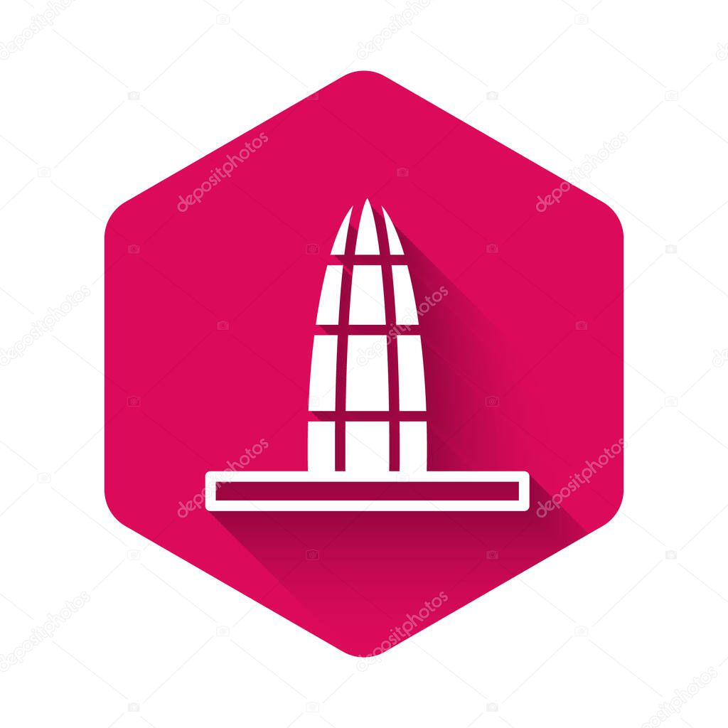 White Agbar tower icon isolated with long shadow. Barcelona, Spain. Pink hexagon button. Vector.