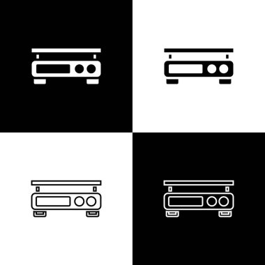 Elektronik ölçek simgesini siyah beyaz arkaplanda izole et. Ağırlık ölçüm aletleri. Vektör