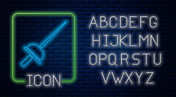 Leuchtende Neon Fechtsymbol Isoliert Auf Backsteinwand Hintergrund Sportgeräte Neonlicht Alphabet — Stockvektor