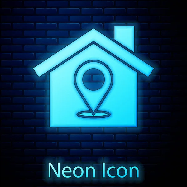 Leuchtender Neonfarbener Kartenzeiger Mit Haussymbol Isoliert Auf Ziegelsteinwand Hintergrund Markierungssymbol — Stockvektor