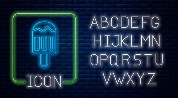 在砖墙背景上隔绝的木棍图标上喷出霓虹灯冰淇淋 甜蜜的象征 霓虹灯光标 — 图库矢量图片