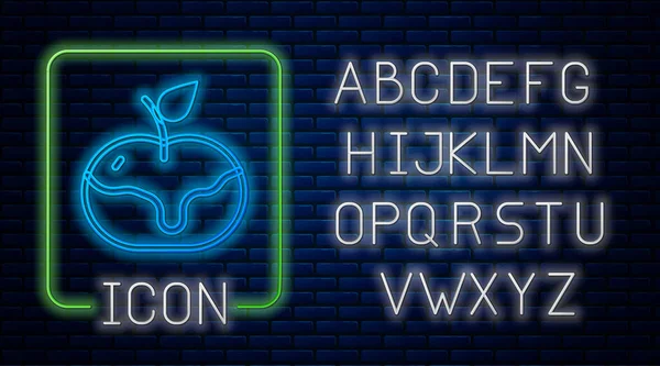 Gloeiende Neon Apple Karamel Pictogram Geïsoleerd Baksteen Muur Achtergrond Neon — Stockvector