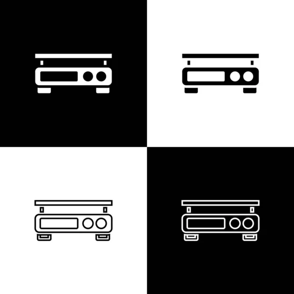 Set Elektronische Weegschaal Pictogram Geïsoleerd Zwart Wit Achtergrond Uitrusting Voor — Stockvector