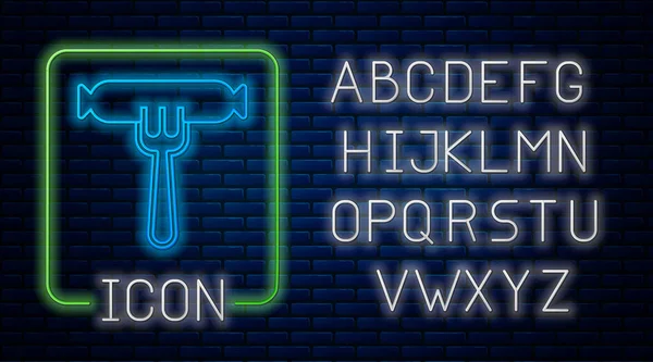 Gloeiende Neon Worst Vork Pictogram Geïsoleerd Baksteen Muur Achtergrond Gegrilde — Stockvector