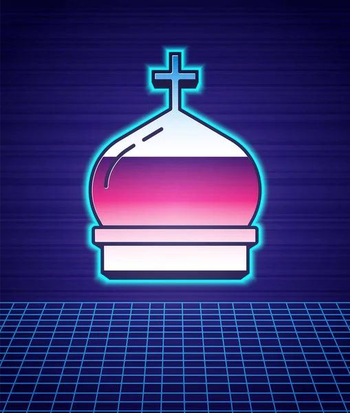 Retro style Christian church tower icon isolated futuristic landscape background. Religion of church. 80s fashion party. Vector