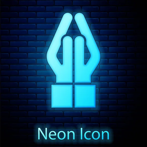 Zářící Neonové Ruce Modlící Pozici Ikona Izolované Pozadí Cihlové Zdi — Stockový vektor