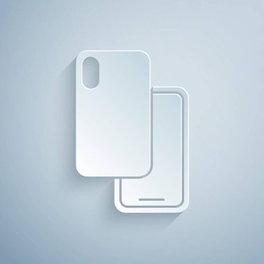 Kağıt kesiği, akıllı telefon, gri arka planda izole edilmiş cep telefonu simgesi. Kağıt sanatı tarzı. Vektör