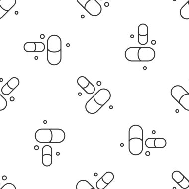 İlaç kapsülü ikonunun gri çizgi Vitamin kompleksi beyaz arka planda izole edilmiş kusursuz desen. Sağlıklı bir yaşam tarzı. Vektör