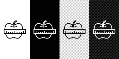 Set line Apple and measuring tape icon isolated on black and white,transparent background. Excess weight. Healthy diet menu. Fitness diet apple.  Vector