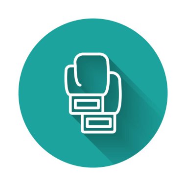 Beyaz çizgi boks eldiveni ikonu uzun gölge arkaplan izole. Yeşil daire düğmesi. Vektör