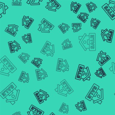 Siyah çizgi asılı işareti ile metin satışı simgesi yeşil arka planda izole edilmiş pürüzsüz desen. Mesaj indirimli tabela. Vektör