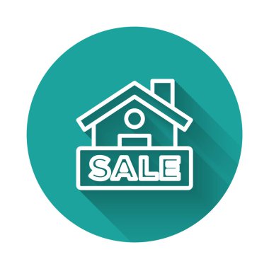 Uzun gölge arkaplan ile izole edilmiş metin satışı simgesi ile beyaz çizgi asılı. Mesaj indirimli tabela. Yeşil daire düğmesi. Vektör