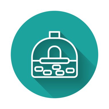 Beyaz çizgi Brick soba ikonu uzun gölge arkaplan izole. Tuğla şömine, taş ocağı, taş fırın ikonu. Yeşil daire düğmesi. Vektör