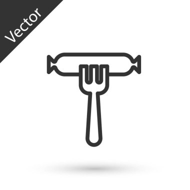 Çatal simgesindeki gri çizgi sosisi beyaz arka planda izole edilmiş. Izgara sosis ve aroma işareti. Vektör