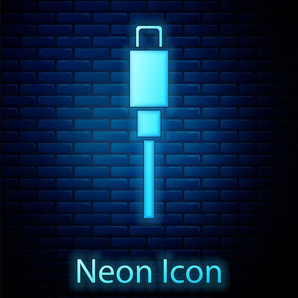 Parlayan Neon Usb Kablo Ikonu Tuğla Duvar Arka Planında Izole — Stok Vektör