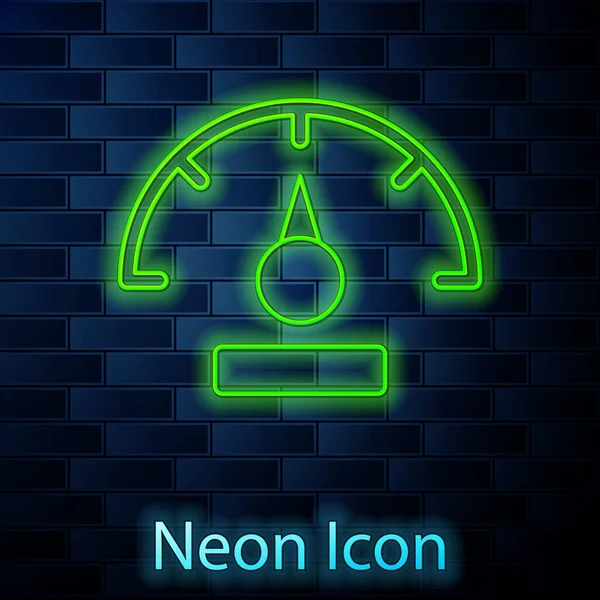 Glowing Neon Line Speedometer Icon Isolated Brick Wall Background Vector — Stock Vector