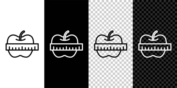 Setzen Sie Linie Apfel Und Maßband Symbol Isoliert Auf Schwarz — Stockvektor