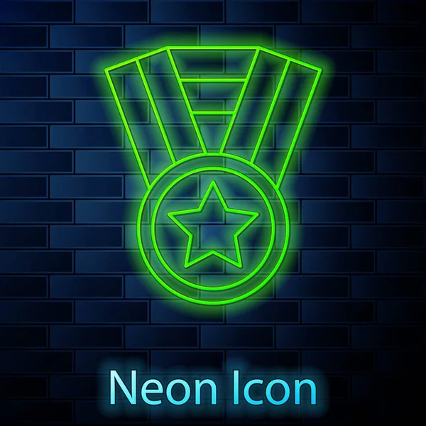 Ragyogó Neon Vonal Medal Ikon Elszigetelt Téglafal Háttér Győztes Teljesítmény — Stock Vector