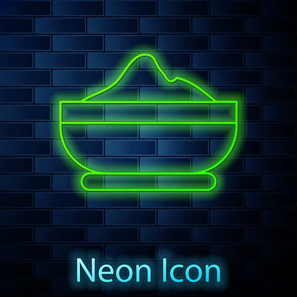 Leuchtende Neon Linie Mehlschüssel Symbol Isoliert Auf Backsteinwand Hintergrund Backzutaten — Stockvektor