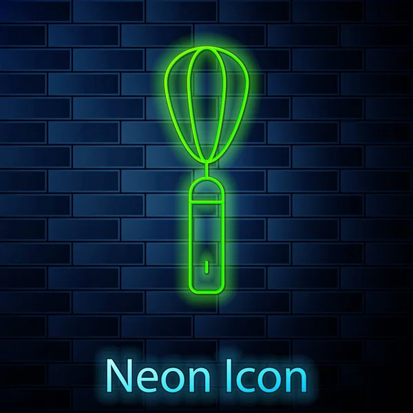 Glödande Neon Linje Kök Visp Ikon Isolerad Tegel Vägg Bakgrund — Stock vektor