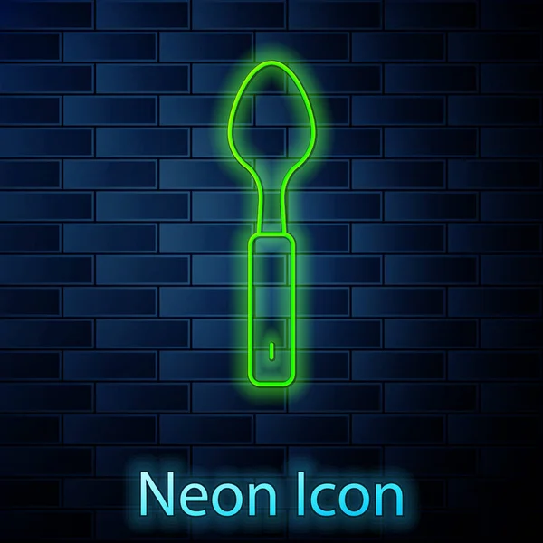 Linea Neon Incandescente Icona Spoon Isolato Sfondo Muro Mattoni Utensile — Vettoriale Stock