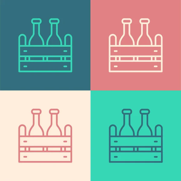 流行艺术线包装的啤酒瓶图标孤立的色彩背景 木箱和啤酒瓶盒装啤酒盒标志 — 图库矢量图片