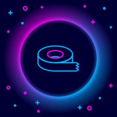 Parlak neon çizgili selobant simgesi siyah arkaplanda izole edildi. Bant yalıtılıyor. Renkli taslak konsepti. Vektör