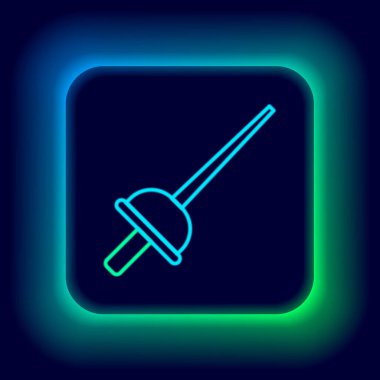 Parlayan neon hattı eskrim simgesi siyah arkaplanda izole edildi. Spor malzemeleri. Renkli taslak konsepti. Vektör