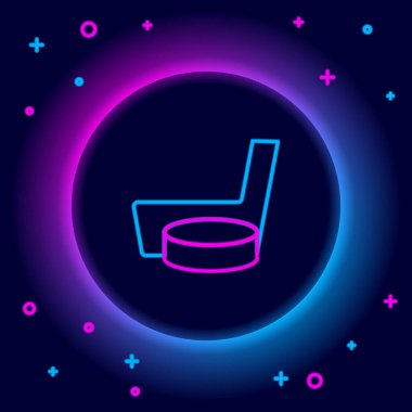Parlayan neon hattı buz hokeyi sopası ve disk ikonu siyah arka planda izole edilmiş. Renkli taslak konsepti. Vektör