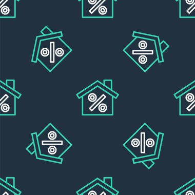 İndirimli etiket simgesine sahip Satır Evi siyah arkaplanda izole edilmiş kusursuz desen. Emlak evi. Kredi yüzdesi sembolü. Vektör