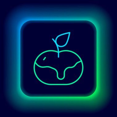 Karamel ikonunda parlayan neon çizgisi Apple siyah arka planda izole edildi. Renkli taslak konsepti. Vektör