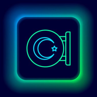 Parlayan neon hattı Yıldız ve Hilal - siyah arkaplanda izole edilmiş İslam ikonunun sembolü. Din sembolü. Renkli taslak konsepti. Vektör