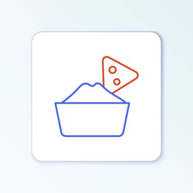 Beyaz arka planda izole edilmiş kabın içindeki cips. Tortilla cipsi veya nachos tortilla. Geleneksel Meksika fast food menüsü. Renkli taslak konsepti. Vektör