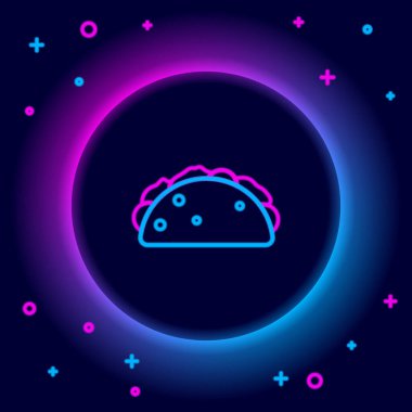 Siyah arka planda izole edilmiş tortilla ikonlu parlak neon hattı Taco. Geleneksel Meksika fast food menüsü. Renkli taslak konsepti. Vektör