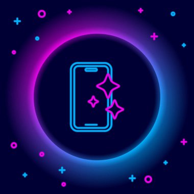 Siyah arkaplanda izole edilmiş akıllı telefon simgesi için parıldayan neon hattı cam ekran koruyucusu. Cam için koruyucu film. Cep telefonu için şeffaf yumuşak cam. Renkli taslak konsepti. Vektör