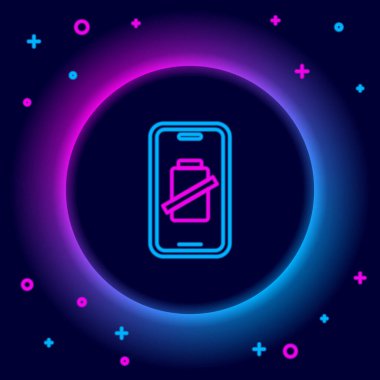 Parlayan neon hattı Smartphone şarj ikonu siyah arkaplanda izole edildi. Şarjı az bir telefon. Renkli taslak konsepti. Vektör