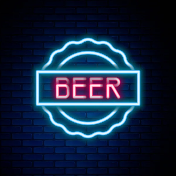 Gloeiende Neon Lijn Flesdop Met Inscriptie Bier Pictogram Geïsoleerd Baksteen — Stockvector