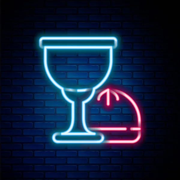 Glowing Neon Line Holy Grail Chalice Icon Isolated Brick Wall — Stock Vector