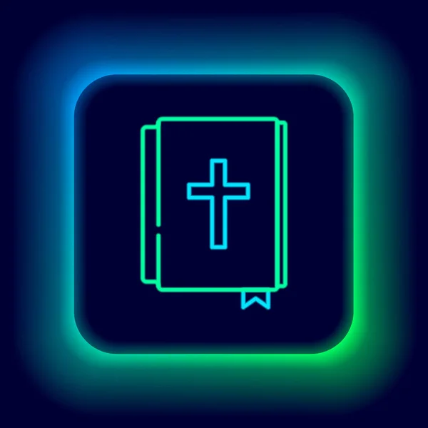 Parlayan Neon Hattı Kutsal Kitap Ikonu Siyah Arka Planda Izole — Stok Vektör