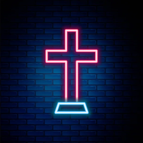 Glowing Neon Line Christian Cross Icon Isolated Brick Wall Background — Stock Vector