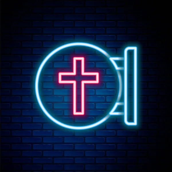 Leuchtende Leuchtschrift Christliches Kreuz Ikone Isoliert Auf Backsteinwand Hintergrund Kirchenkreuz — Stockvektor