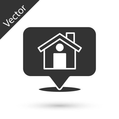 Beyaz arkaplanda ev simgesi olan gri harita işaretçisi. Ev konumu belirleyici sembol. Vektör