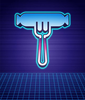 Çatal simgesinde geçmişe dönük sosis izole edilmiş fütüristik manzara arka planı. Izgara sosis ve aroma işareti. 80 'lerin moda partisi. Vektör