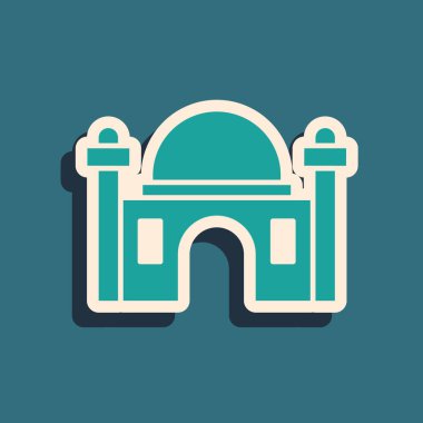 Yeşil Müslüman Camii simgesi yeşil arka planda izole edilmiş. Uzun gölge tarzı. Vektör