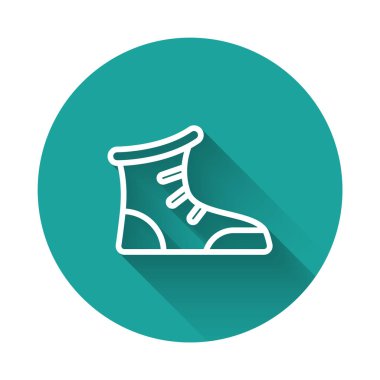 Beyaz çizgi spor ayakkabı ikonu uzun gölge arkaplan izole. Güreş ayakkabıları. Yeşil daire düğmesi. Vektör