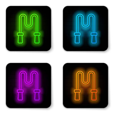 Parlayan neon hattı atlama ipi simgesi beyaz arkaplanda izole edildi. İp atlıyorum. Spor malzemeleri. Siyah kare düğme. Vektör