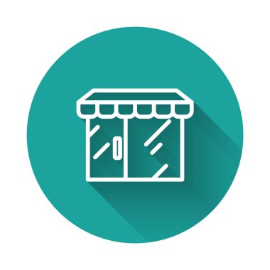 Beyaz çizgili alışveriş binası ya da uzun gölgeli bir pazar simgesi. Dükkan inşaatı. Yeşil daire düğmesi. Vektör