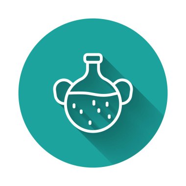 Beyaz çizgi esaslı yağ şişesi simgesi uzun gölge arkaplanı ile izole edilmiş. Organik aromaterapi özü. Cilt bakımı serumu cam bırakma paketi. Yeşil daire düğmesi. Vektör